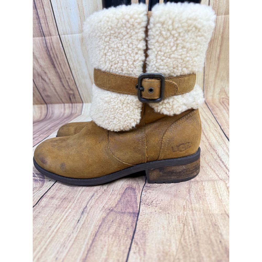 UGG Australia Women Chestnut Leather Shearling Buckle Zip Winter Boots